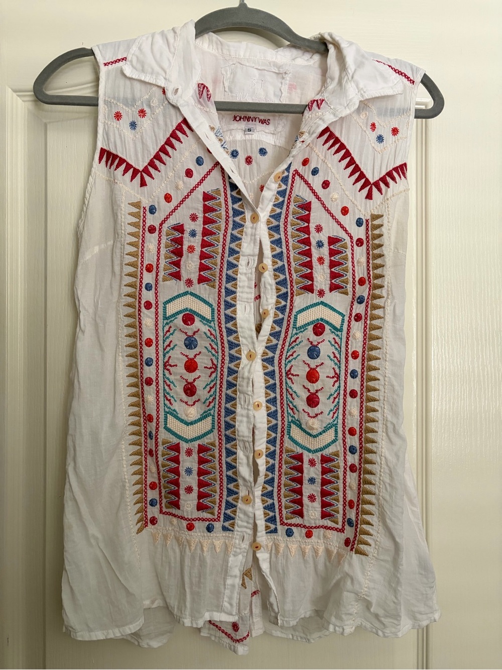 Johnny Was Embroidered Sleeveless 100% Cotton Western Button Up Top Size S